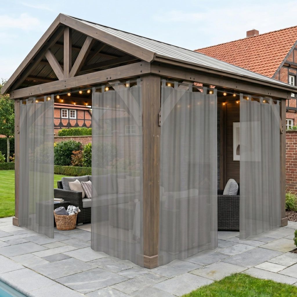 2er Set Outdoor Halbtransparent Vorhänge Wasserdicht Wetterfest Vorhang Gardinen für Außen Balkon Terrasse Hof Garten, B132xH213cm, Hellgrau