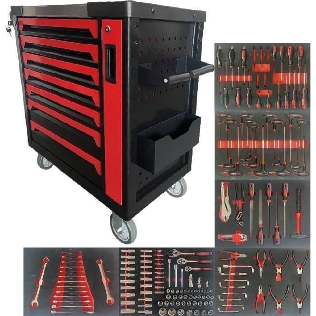 Werkzeugwagen – Massiv (166 Werkzeuge) – 7 Schubladen – DEFPRO – Stahl – Rot