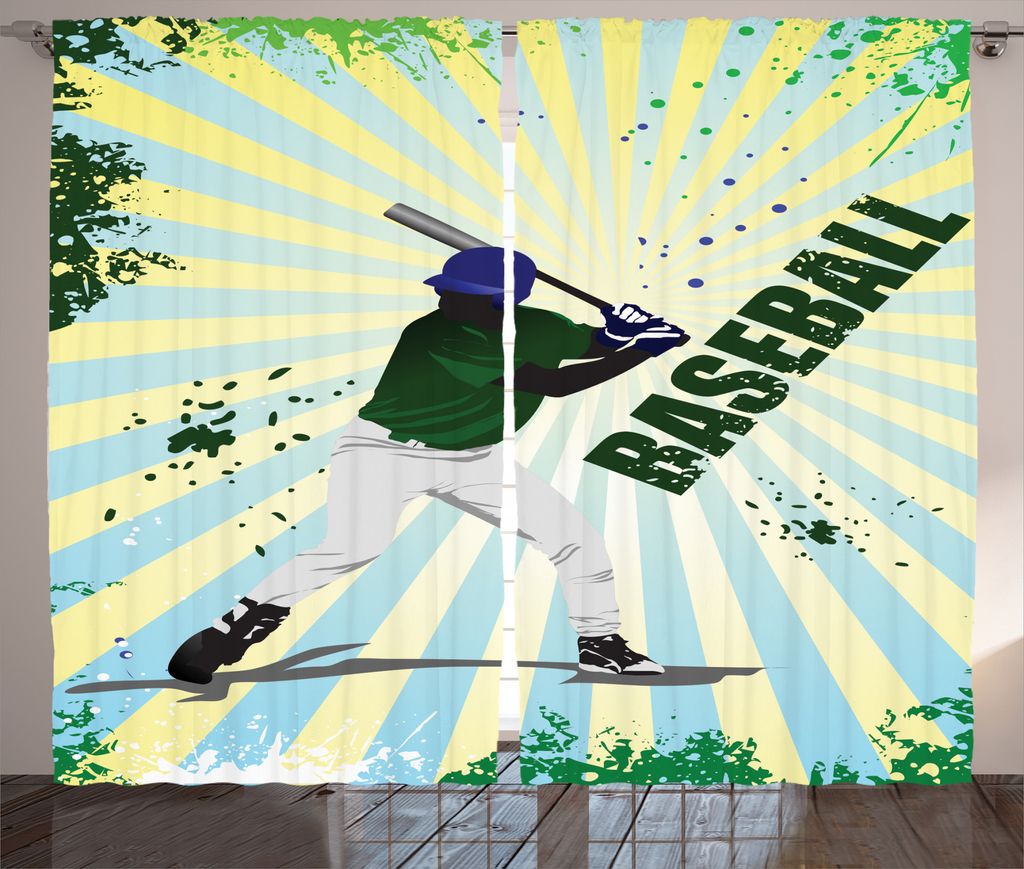 ABAKUHAUS Grün Rustikaler Gardine, Schmutz-Baseball-Pop-Art, Schlafzimmer Kräuselband Vorhang mit Schlaufen und Haken, 280 x 175 cm, Grün Gelb
