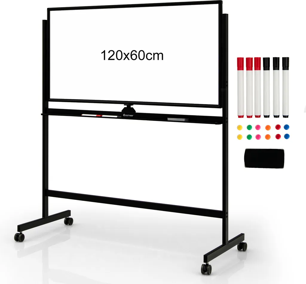 Tableau blanc magnétique mobile réversible 120x60 - Réglable, noir