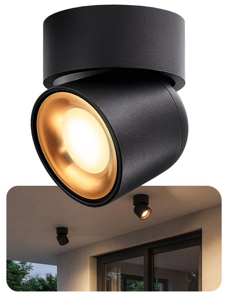 SSC-LUXon AYONA Aufbaustrahler schwarz gold rund schwenkbar IP54 - Deckenstrahler mit LED GU10 2W warmweiß - Deckenspot für Feuchträume & Flur