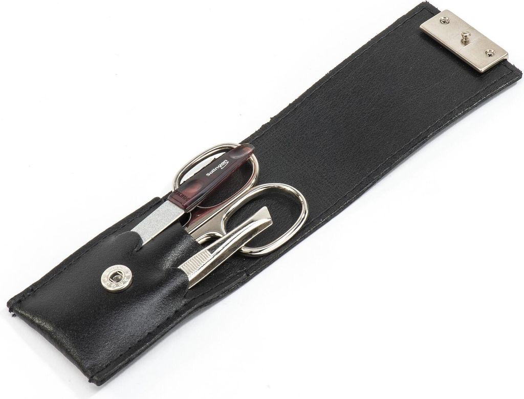 3-tlg Solingen Maniküre Set mit Leder Etui, Nagelschere, Feile, Pinzette, Germany