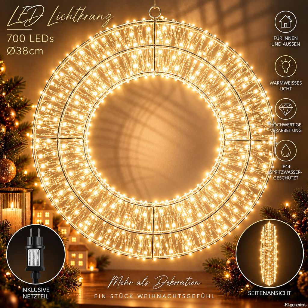 LED Lichterkranz Ø 38 cm 700 LEDs Warmweiß mit Stecker & Produktbild 