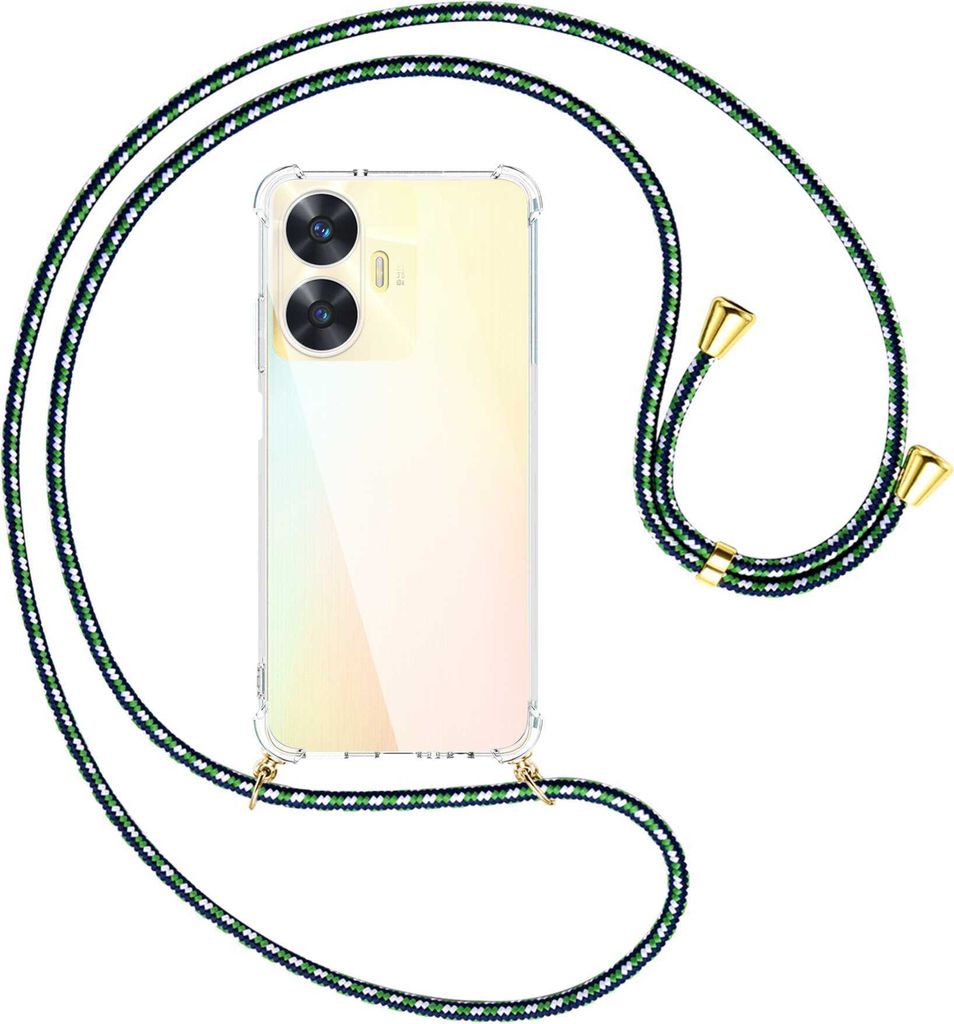 Handykette Backcover-Schutzhülle mit Band (Metall goldfarben) für Realme C55 (6.72'') - grün/blau/weiß