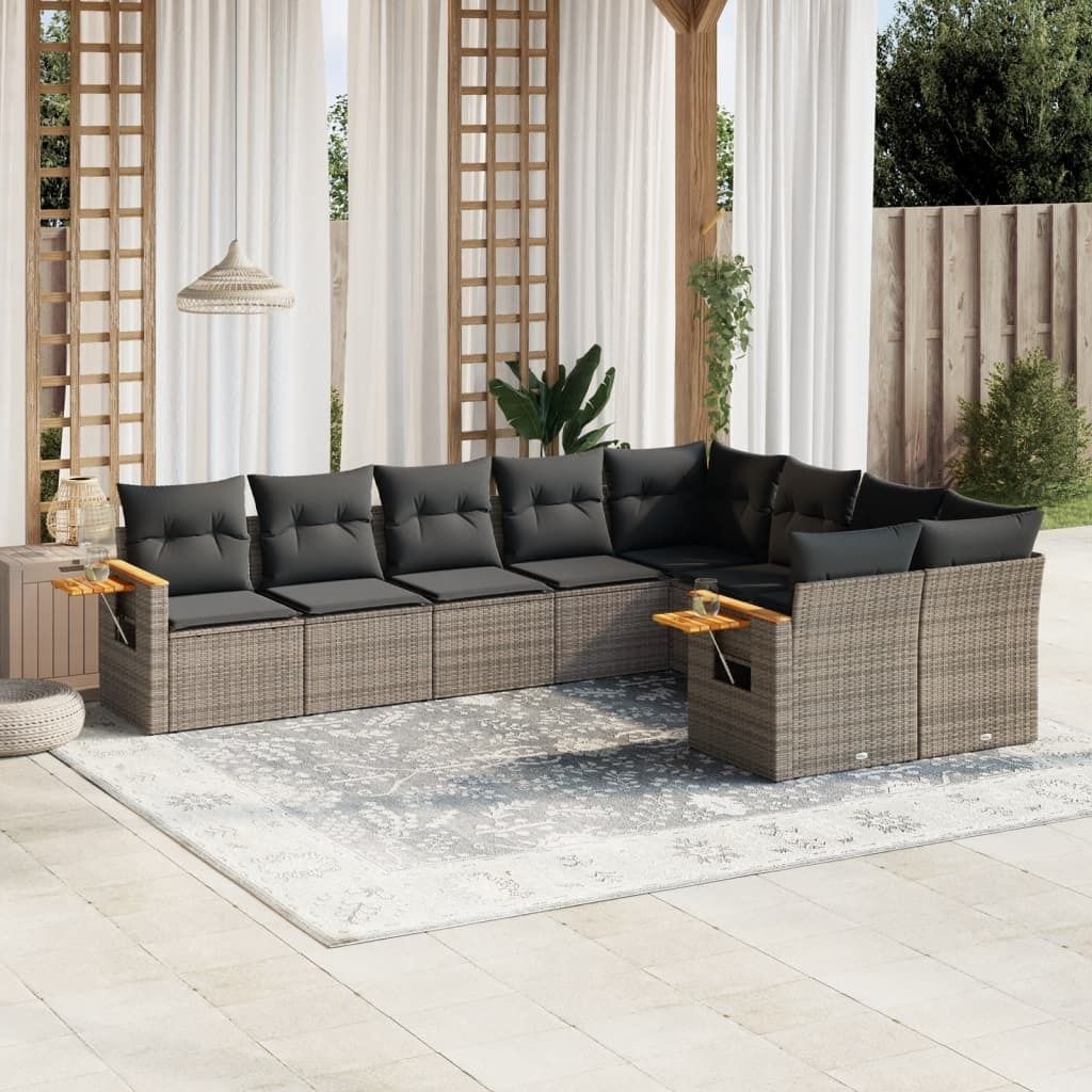 9-tlg. Garten-Sofagarnitur - mit Kissen Grau Poly Rattan - Gartenmöbelset 3227145