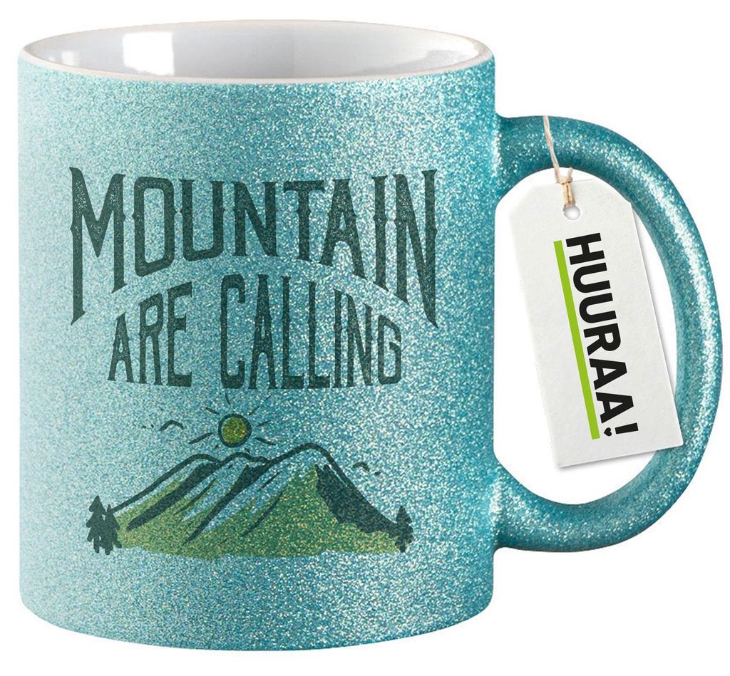 Huuraa Glitzertasse Mountain are calling Berge 330ml Blau Keramik Kaffeebecher Geschenkidee