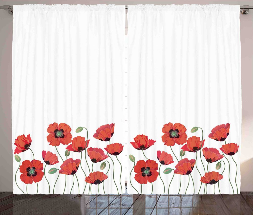 ABAKUHAUS Blumen Rustikaler Gardine, Natürliche Mohnblumen-Garten, Schlafzimmer Kräuselband Vorhang mit Schlaufen und Haken, 280 x 245 cm, Orange...