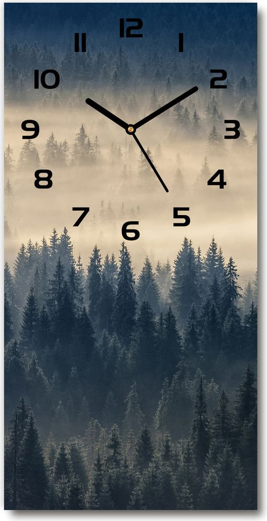 Wanduhr aus Glas – 30x60 cm - Glasbild - Glasuhr - Gehärtetes Glas -Nebel über dem Wald