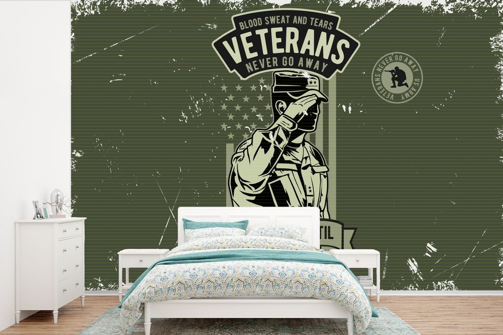 MuchoWow Fototapete für Wohnzimmer oder Schlafzimmer Wandtapete Vinyl Motivtapete Vintage - Armee - Fahne - 420x280 cm - Zimmer für Kinder
