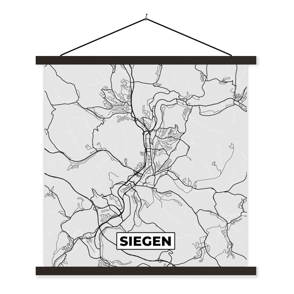 MuchoWow Textilposter Stadtplan - Deutschland - Siegen - Karte 60x60 cm mit schwarzem Rahmen - Posteraufhänger