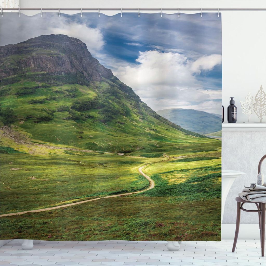 ABAKUHAUS Schottland Duschvorhang, Fußweg in den Highland Vertikal Aufnahme Landschaft Fluffy Clouds Dull Sky, 175 x 200 cm, Mehrfarbig