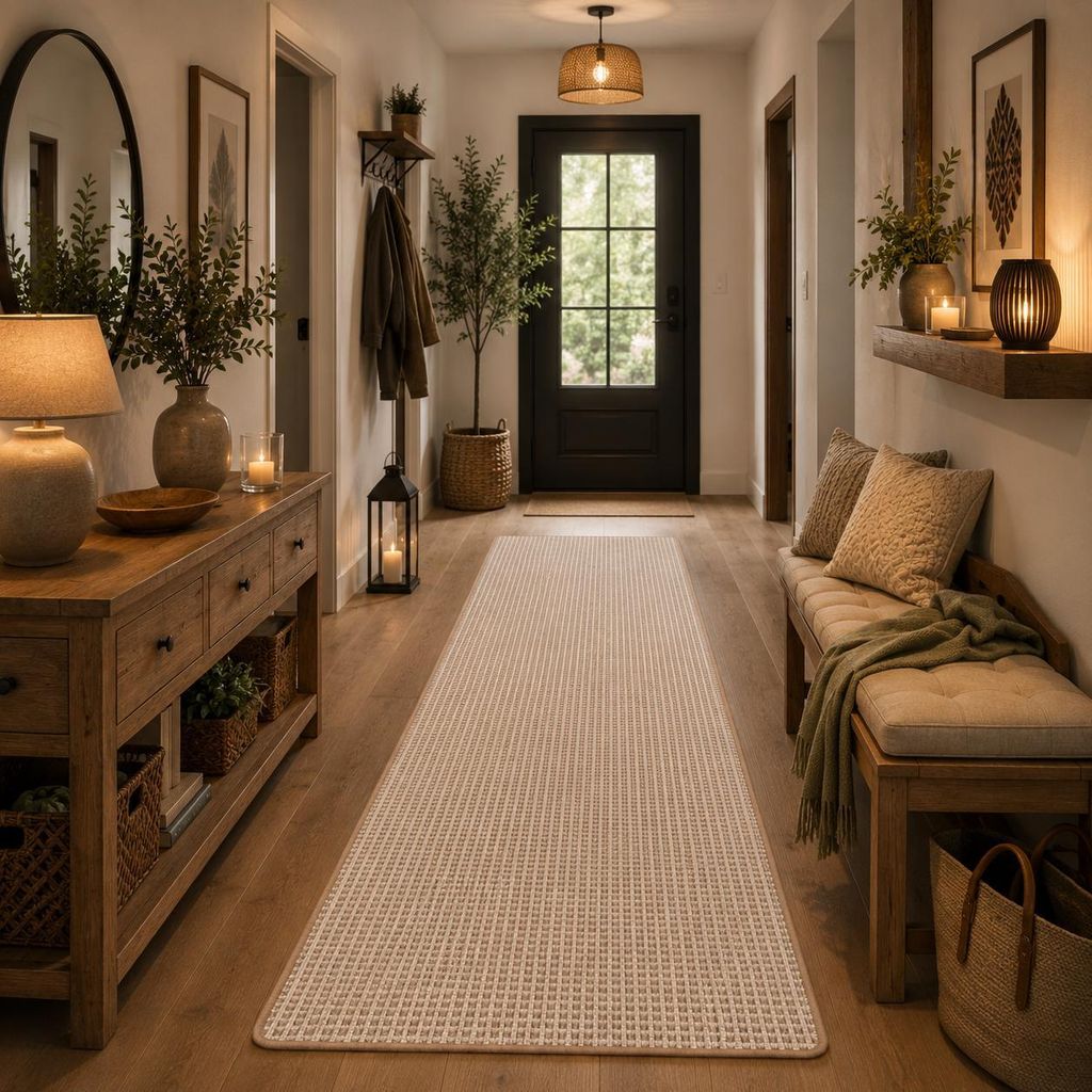 In & Outdoor Teppich Läufer Flachgewebe Oslo Beige Creme Karo, Größe:80x400 cm