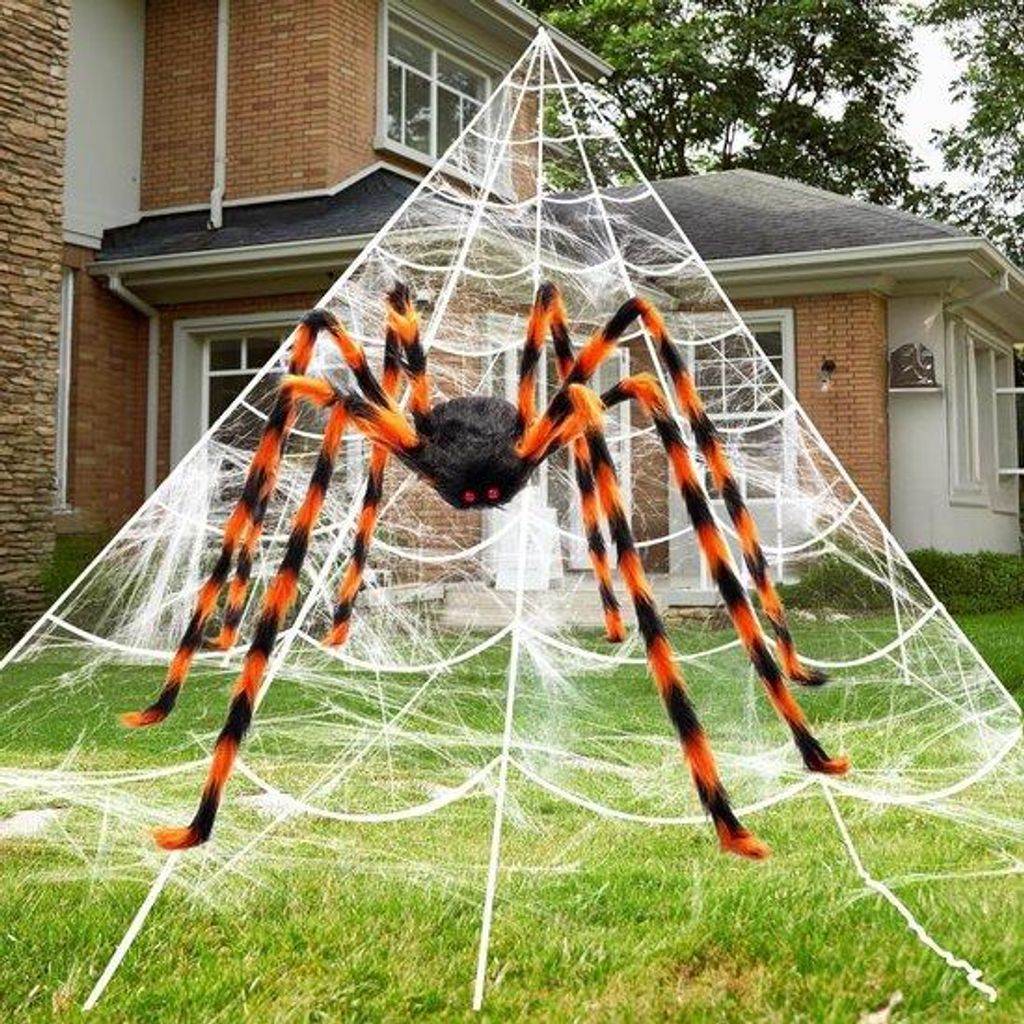 Halloween Spinnenweb Dekoration - Griezeliges Haustor-Set - Spukhaus-Kreation - mit Riesenspinne - 4,8 Meter Breit - Schwarz