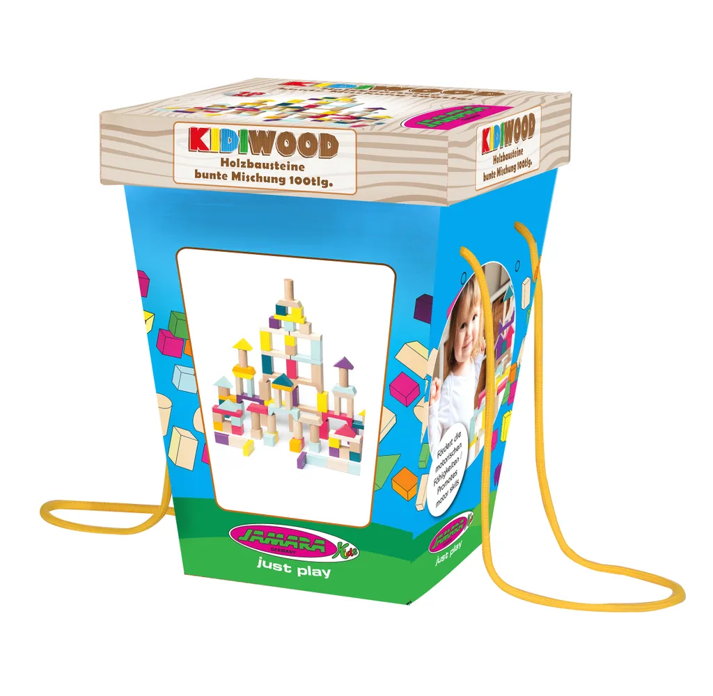 Blocs de construction en bois Kidiwood - baril de 100 pièces colorées