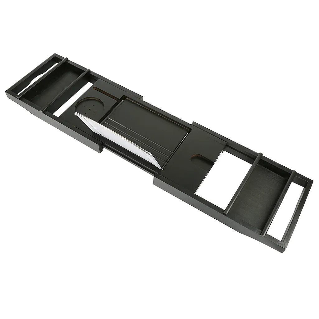 Tablette de bain en bambou noir avec support téléphone intégré