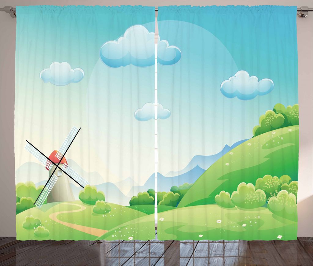 ABAKUHAUS Wolke Rustikaler Gardine, Cartoon Land-Landschaft, Schlafzimmer Kräuselband Vorhang mit Schlaufen und Haken, 280 x 245 cm, Mehrfarbig