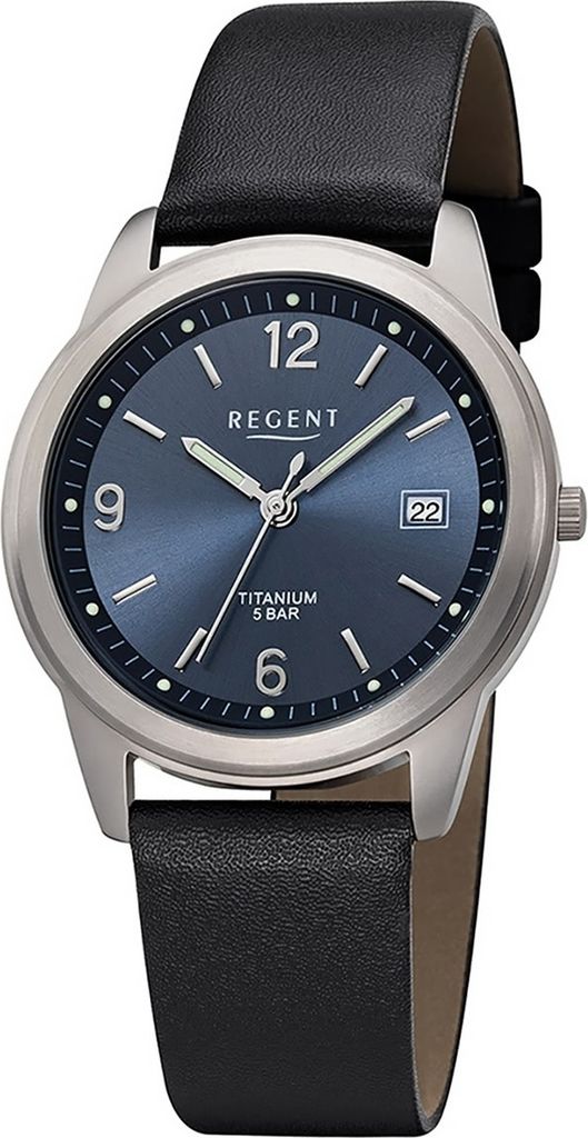 Regent Leder Herren Uhr F-682 Analog Armband-Uhr schwarz Titan-Uhr D2URF682