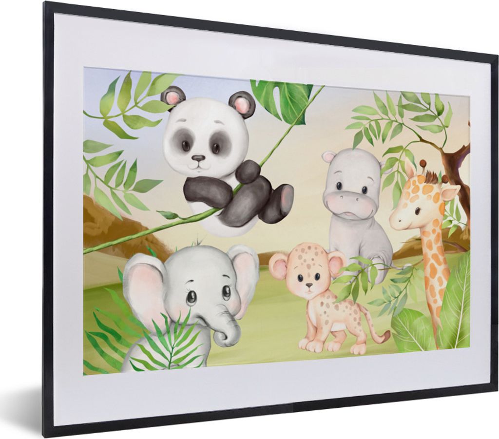 MuchoWow Gerahmtes Poster Dschungeltiere - Kinder - Panda 40x30 cm - Poster mit Schwarzem Bilderrahmen Wandposter Rahmen Foto Bilder - Bilderrahm...