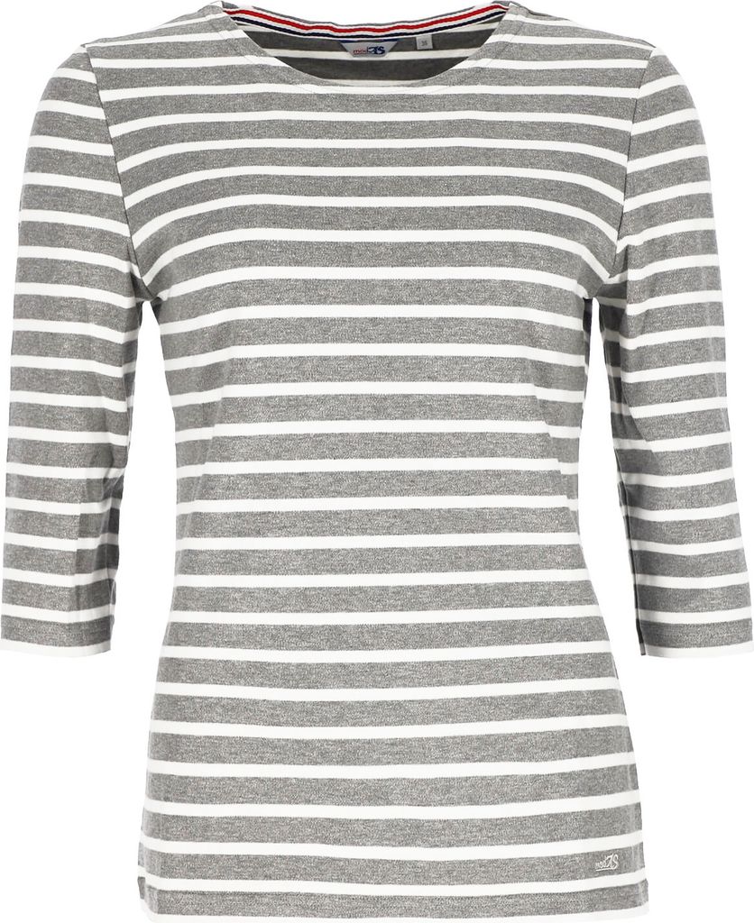 modAS Bretonisches Damenshirt mit 3/4-Arm - Streifenshirt Ringelshirt Basic Shirt Gestreift aus Baumwolle in Graumelange/Weiß Größe 46