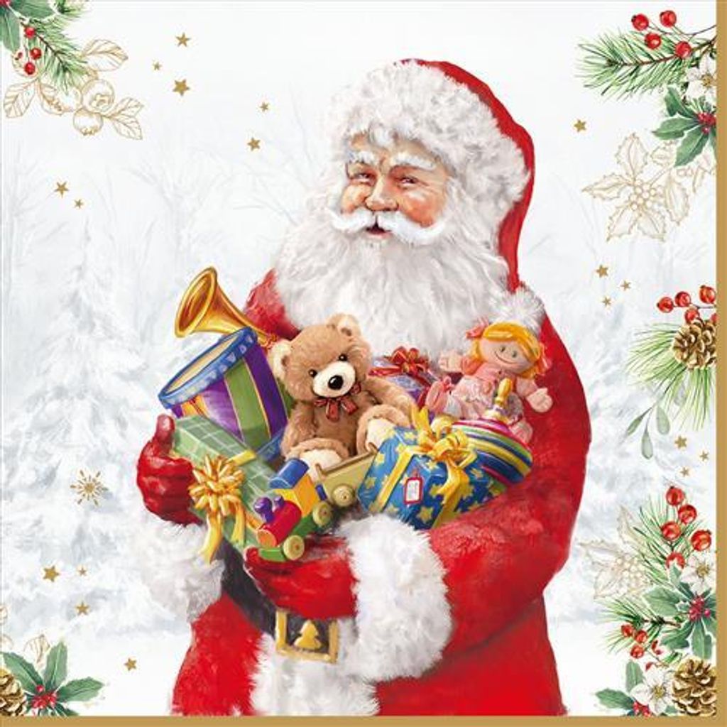 20 Servietten Santa is coming - Weihnachtsmann präsentiert Geschenke 33x33cm