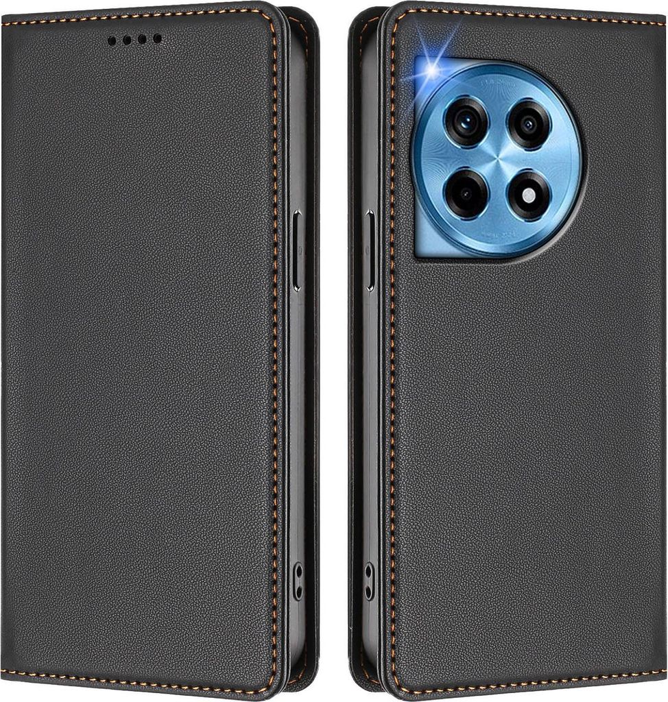 Handyhülle für OnePlus 12, Kunstleder Klapphülle Stoßfeste Magnetische Hülle mit Ständer Schwarz
