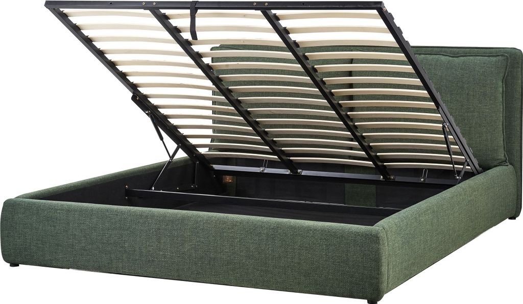 BELIANI Bett mit Bettkasten Dunkelgrün aus Stoff Gepolstert 180 x 200 cm Lattenrost Hochklappbar Hohes Kopfteil Stauraum Modern Doppelbett Schlafz...
