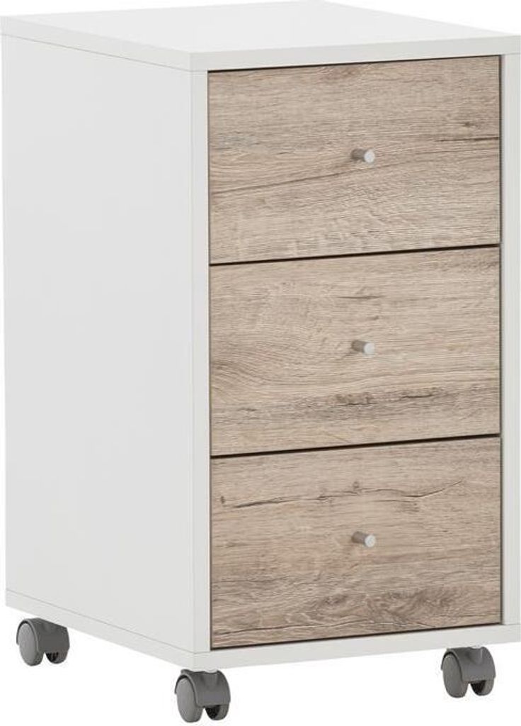 Möbelpartner Rollcontainer Pigeon | HxBxT 59,7x32,6x39cm | 3 Schubladen | Weiß/Eiche