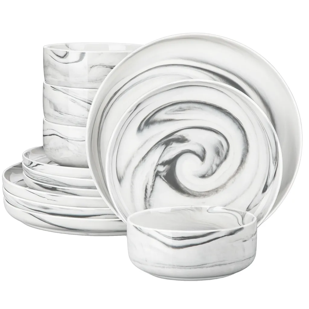 Vaisselle porcelaine robuste et chic 24 pièces marbrées LUNA-12-GREY