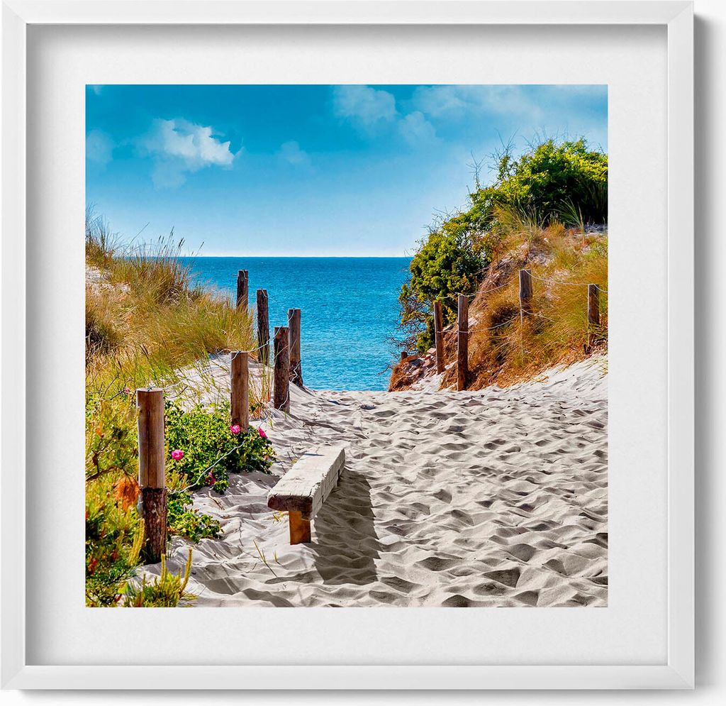 Sandige Straße zu den Stränden und dem Meer– Wandbild mit Rahmen – Gerahmtes Bild – Wanddekoration – 50x50 cm – Weiß Rahmen
