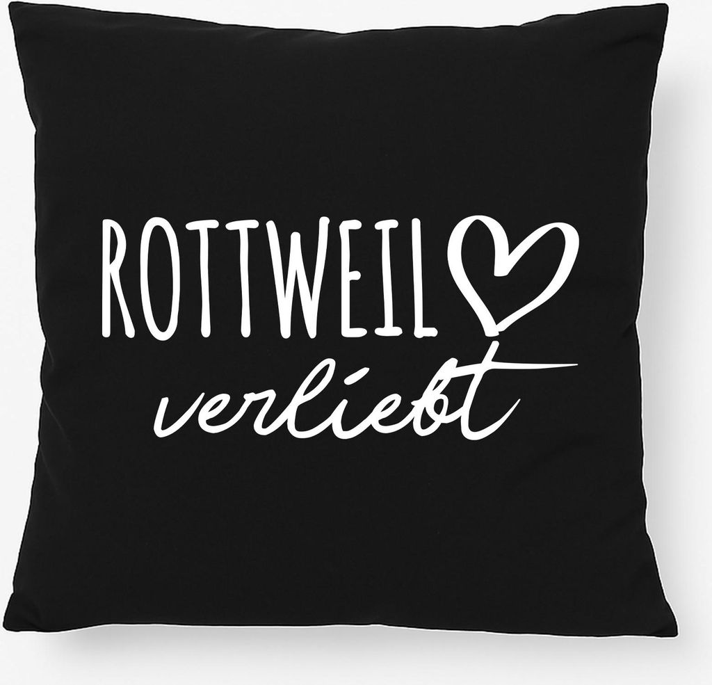 Huuraa Kissen Rottweil verliebt 40x40cm mit Füllung Black Baumwolle Dekokissen Geschenkidee