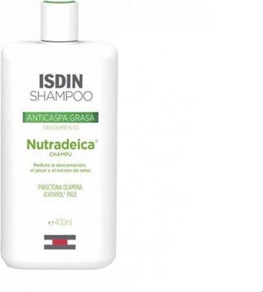 A white bottle of ISDIN Nutradeica shampoo for oily dandruff.