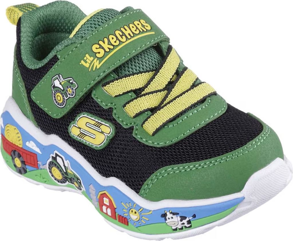 A single child's sneaker with a farm theme.