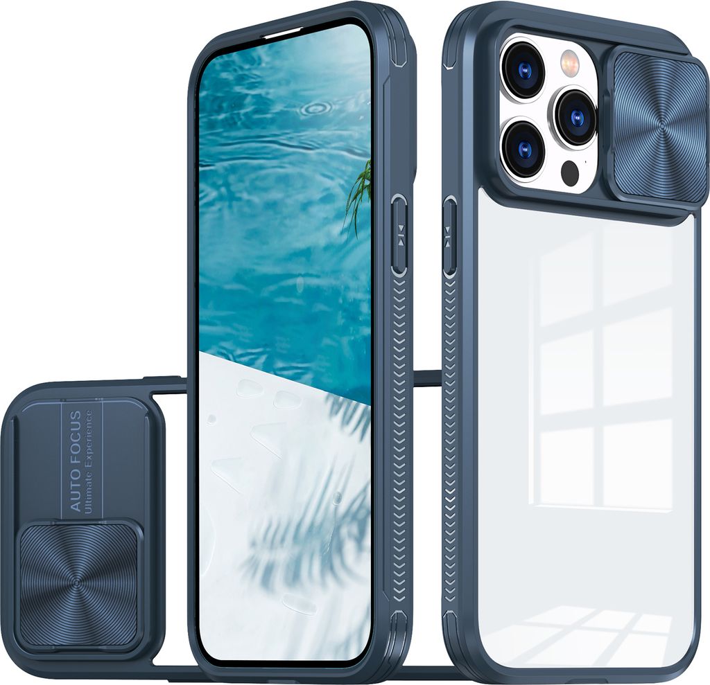 Hülle für iPhone 15 Pro Max Transparent TPU Bumper Schutzhülle mit Schiebe Kamera Schutz Blau