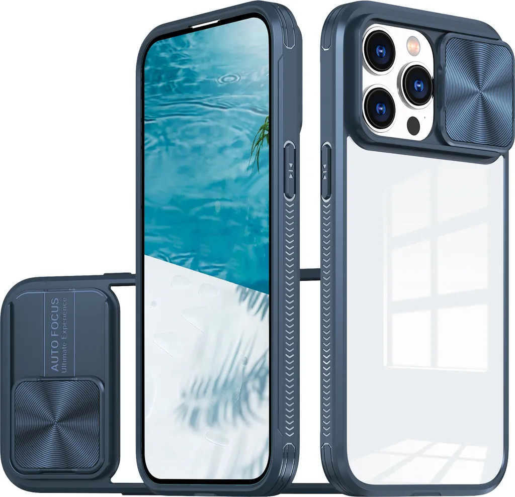 Custodia iPhone 15 Pro Max Blu con Protezione Fotocamera Scorrevole
