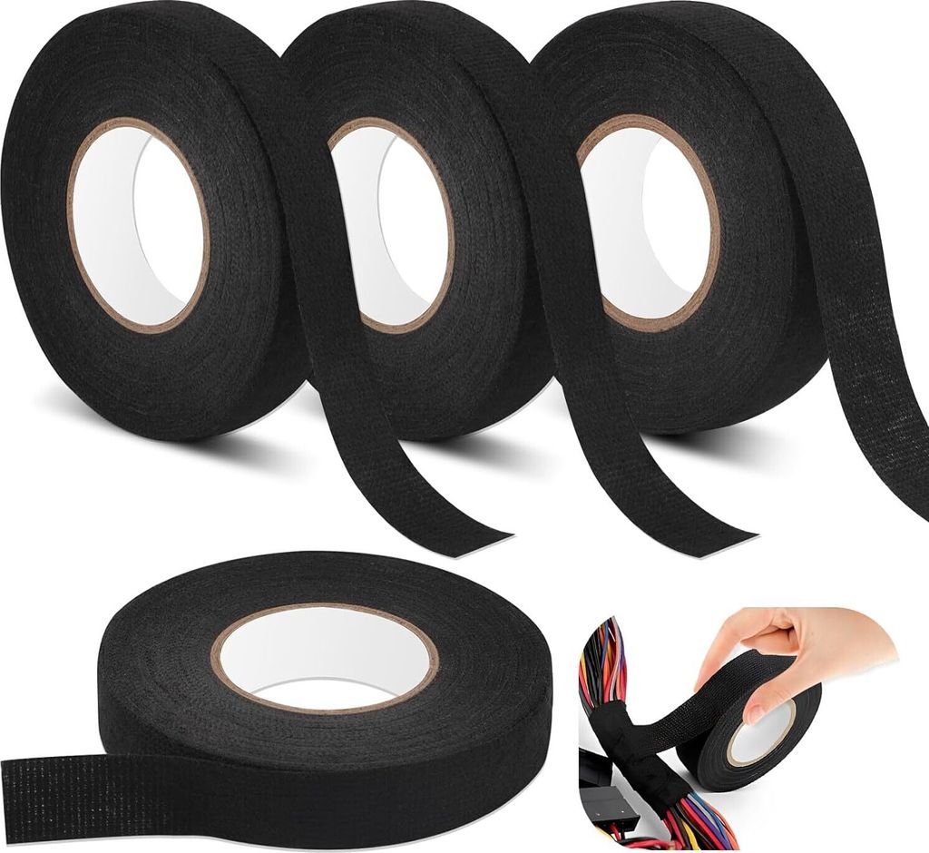 Gewebeband Schwarz 4 Stück, Kabelbaum Klebeband 2 Größen, Isolierband Schwarz Klebeband Textilklebeband Selbstklebendes für Kabelbäume, Hausha...