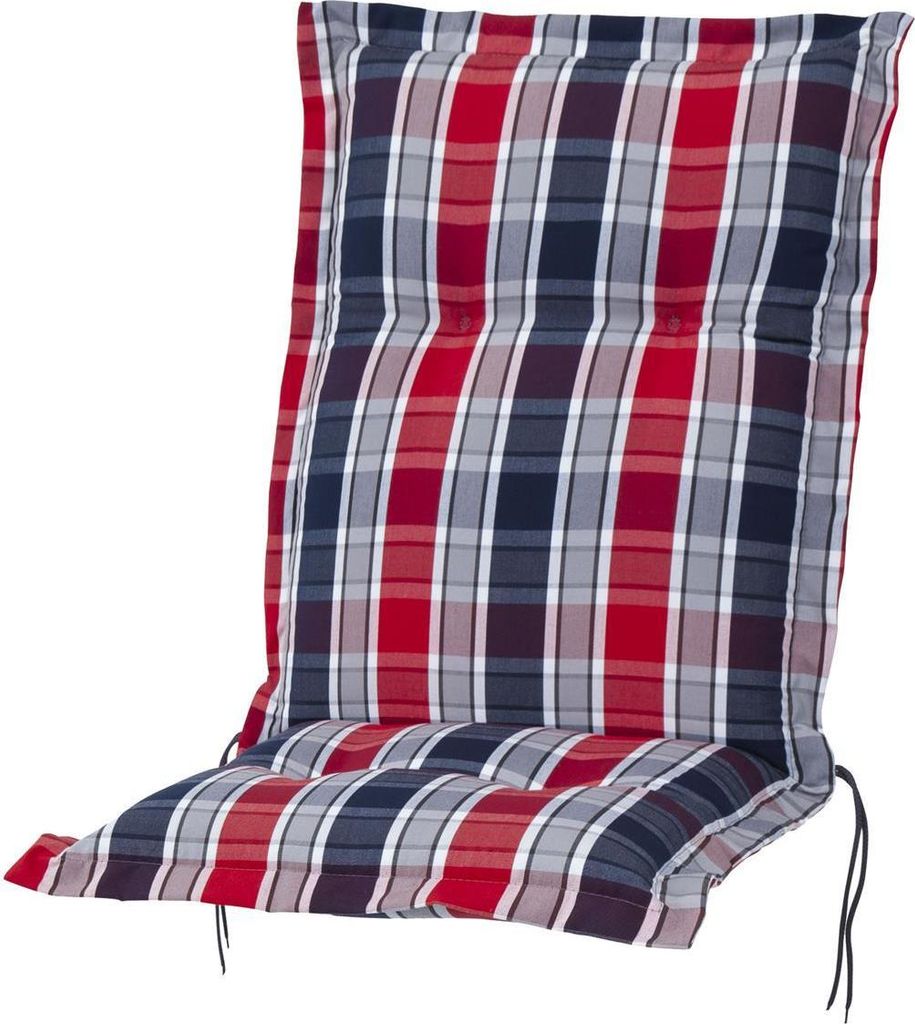 A chair cushion with a plaid pattern.
