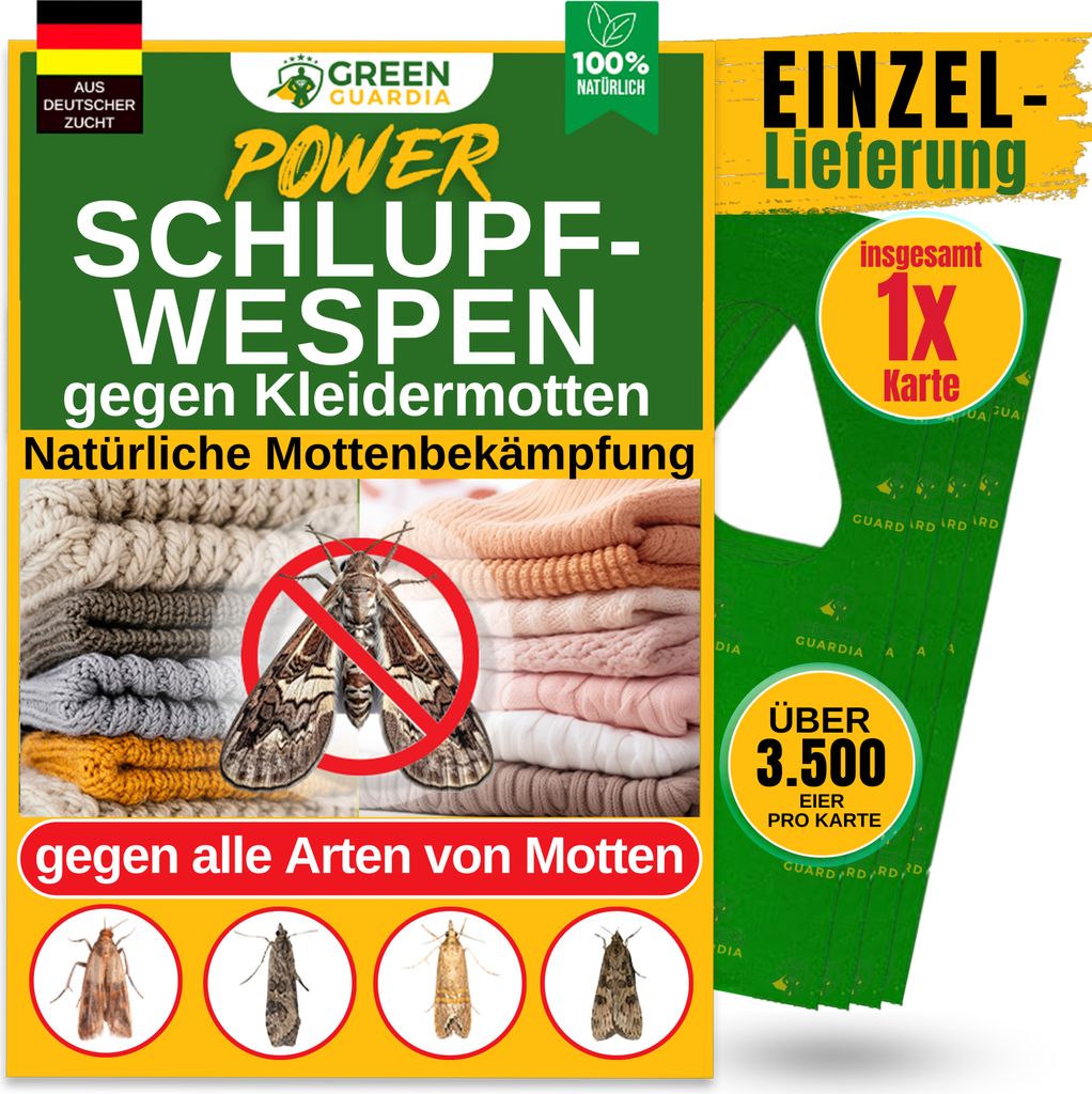 Schlupfwespen gegen Kleidermotten, 1 Karte x 1 Lieferung, Green Guardia -der Mottenschutz, Alternativ zu: Mottenfalle, Mottenkugel, Klebefalle