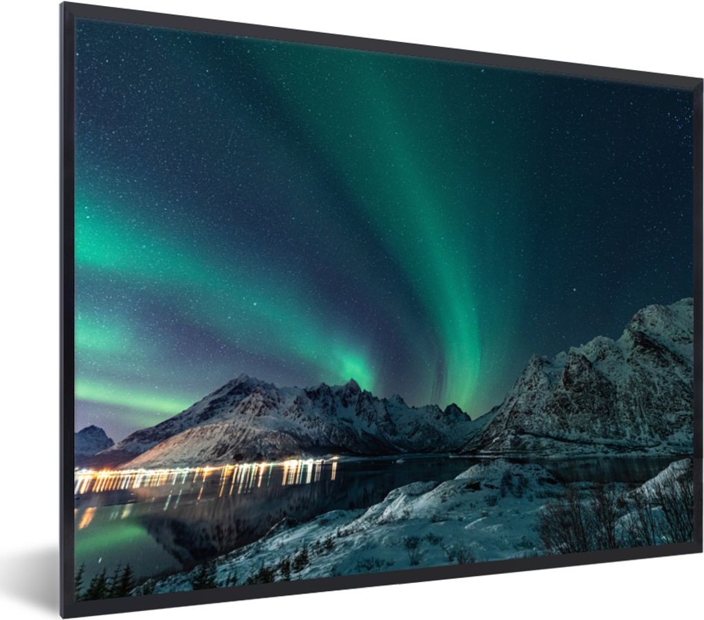 MuchoWow® Gerahmtes Poster Nordlicht - Berg - Schnee - Grün Produktbild 