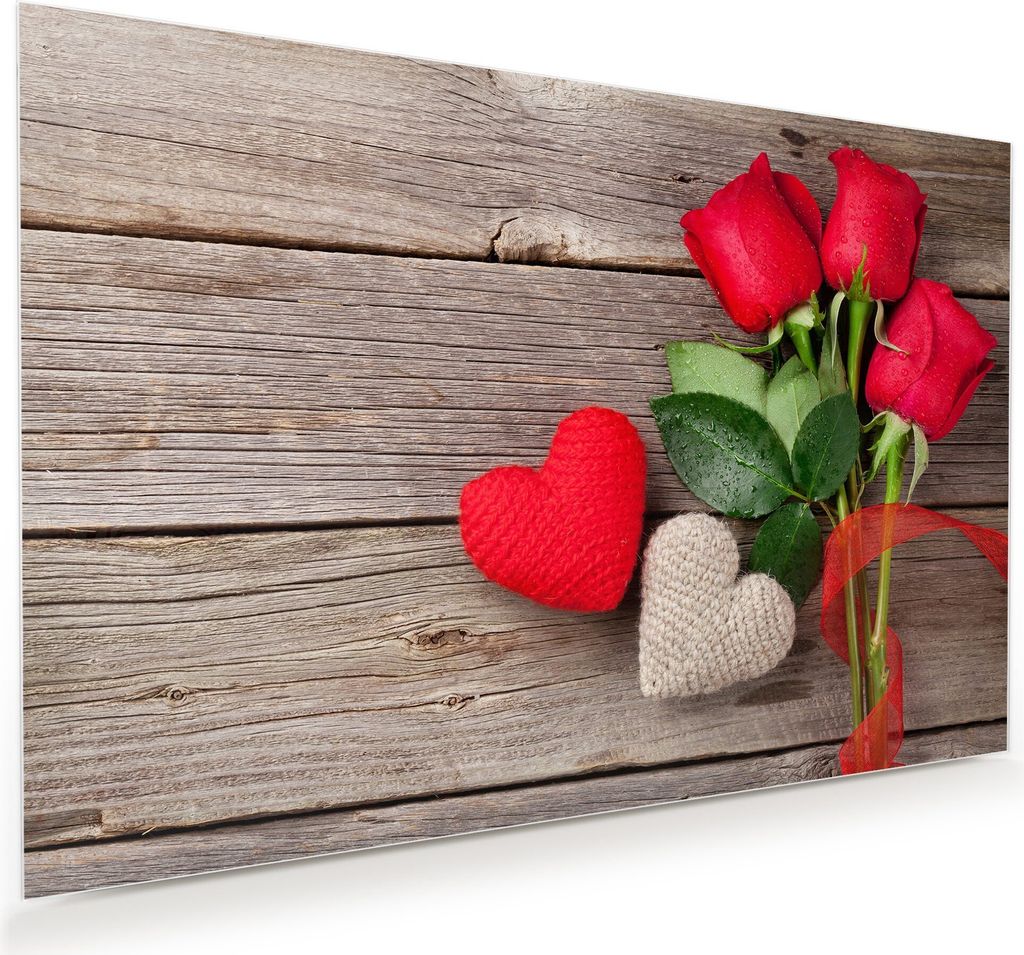 Glasbild Wandbild Rosen auf Holztisch 45x30cm in XXL für Wohnzimmer, Schlafzimmer, Badezimmer, Flur