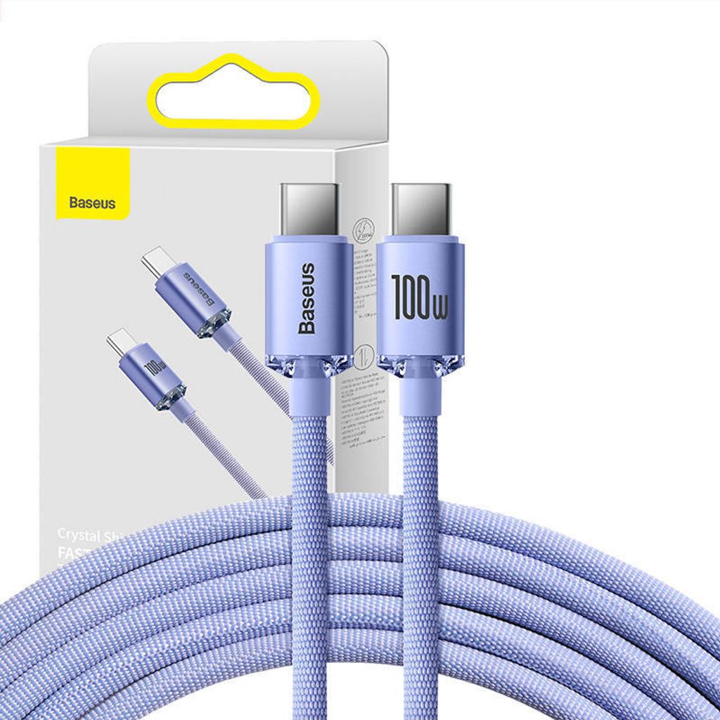 A product shot of a Baseus USB-C to USB-C cable and its packaging.