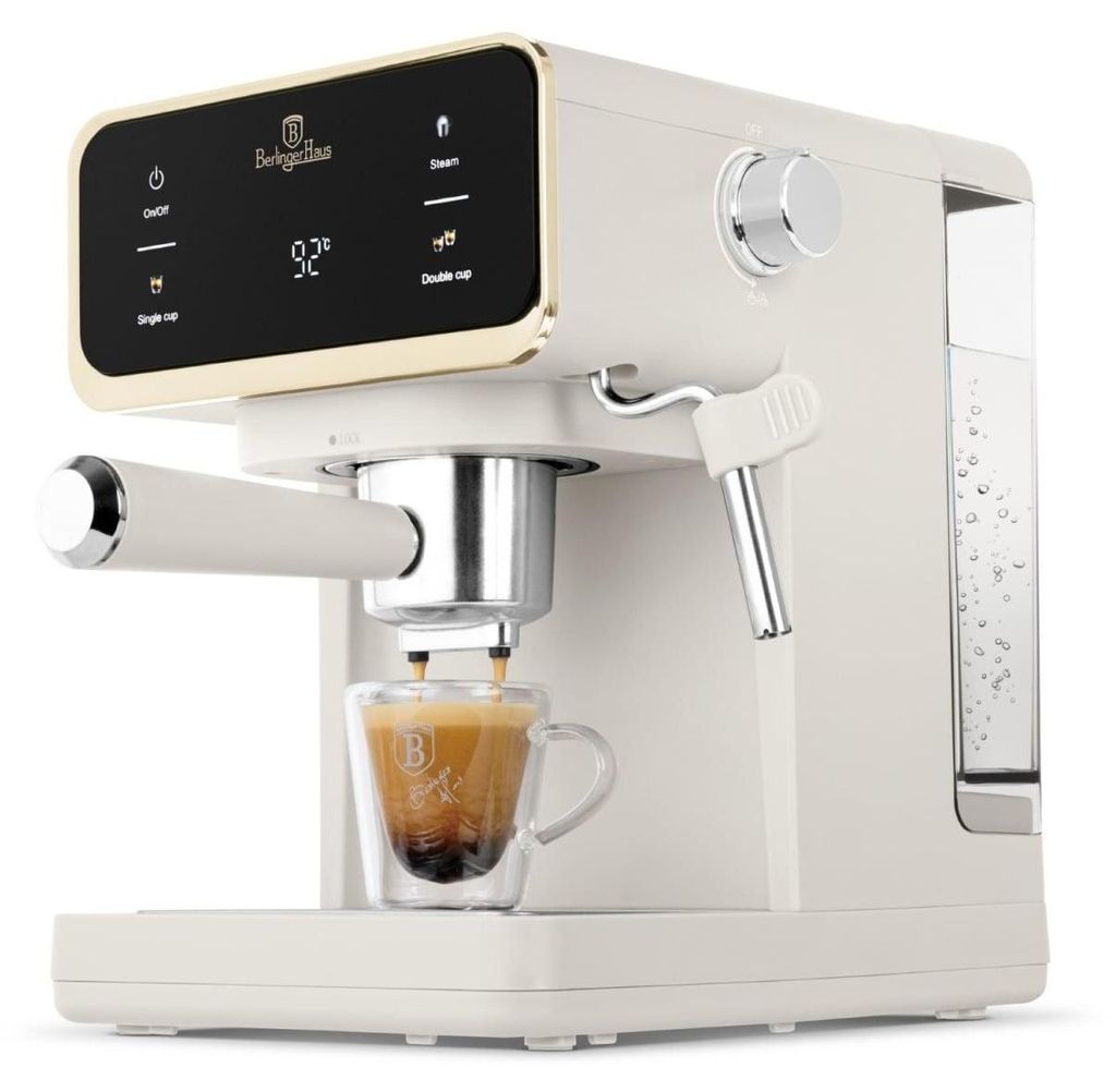 A close-up shot of a cream-colored espresso machine brewing coffee into a glass cup.