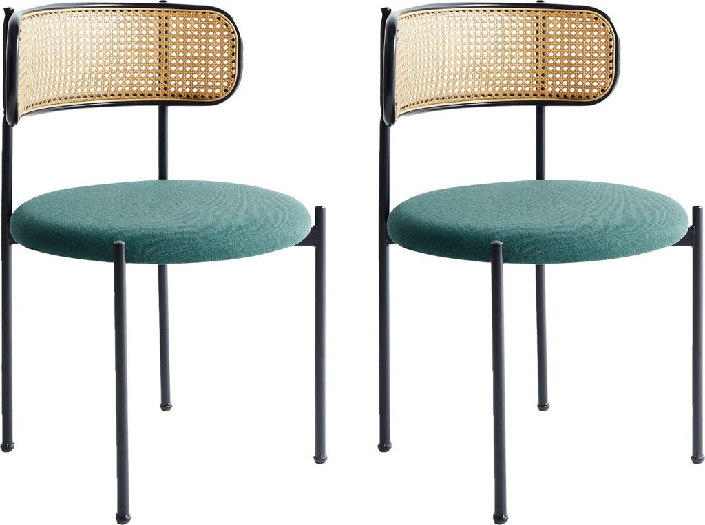 BELIANI Esszimmerstuhl 2er Set Grün Leinen-Stoffbezug u. Wiener-Geflecht mit Schwarzem Metallgestell Offene Rückenlehne Retro-Design Stuhl-Set