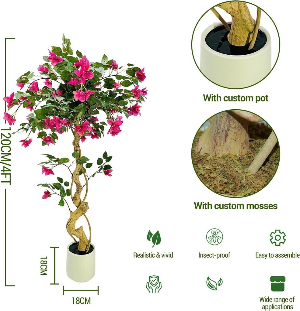 Künstlicher Bougainvillea-Baum - Baum/Kunstpflanze - 120 cm - Innenbereich, Bodenaufstellung - Rote Blüten - Weißer Topf - Kunststoff - 1 Stück