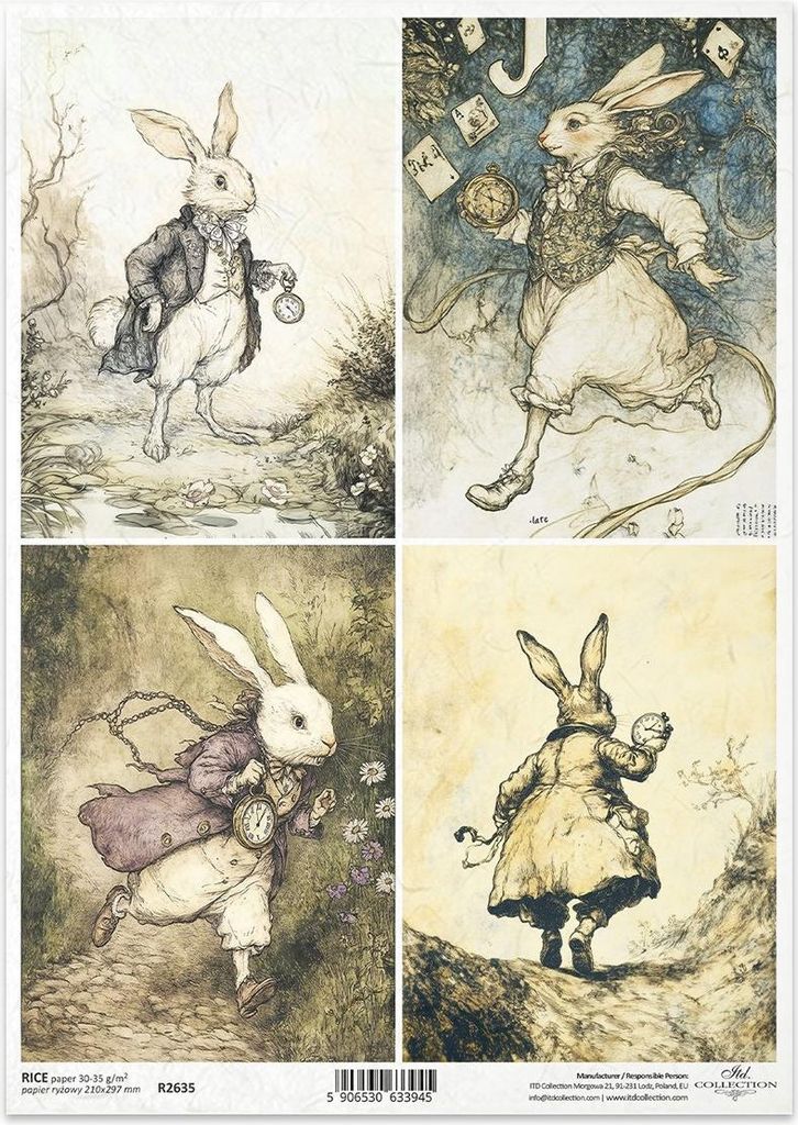 Reispapier für Decoupage A4 - Weißer Hase, Uhren, Hasen - R2635 - Itd Collection