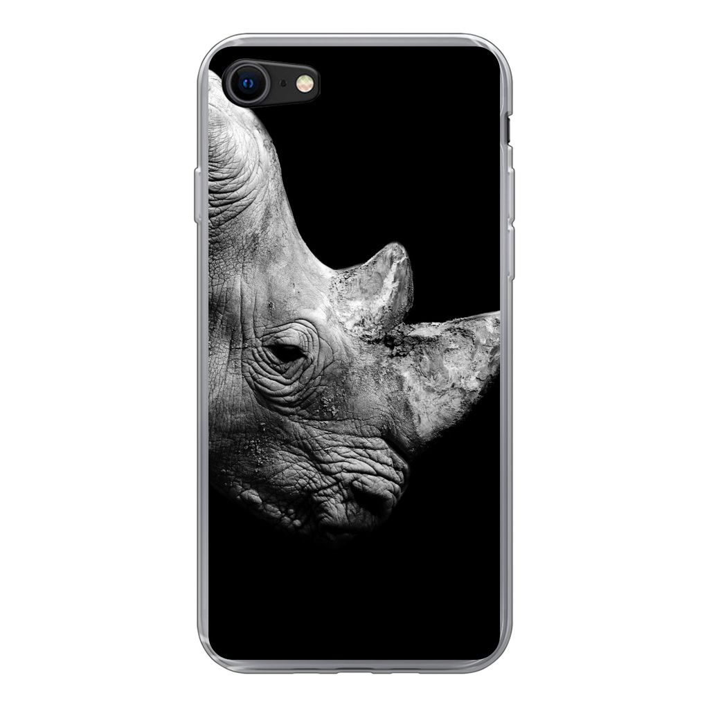 MuchoWow Handyhülle Schutzhülle Hülle für iPhone 8 Portrait Nashorn auf schwarzem Hintergrund Silikon Softcase Handy Hülle - Schutzhaube