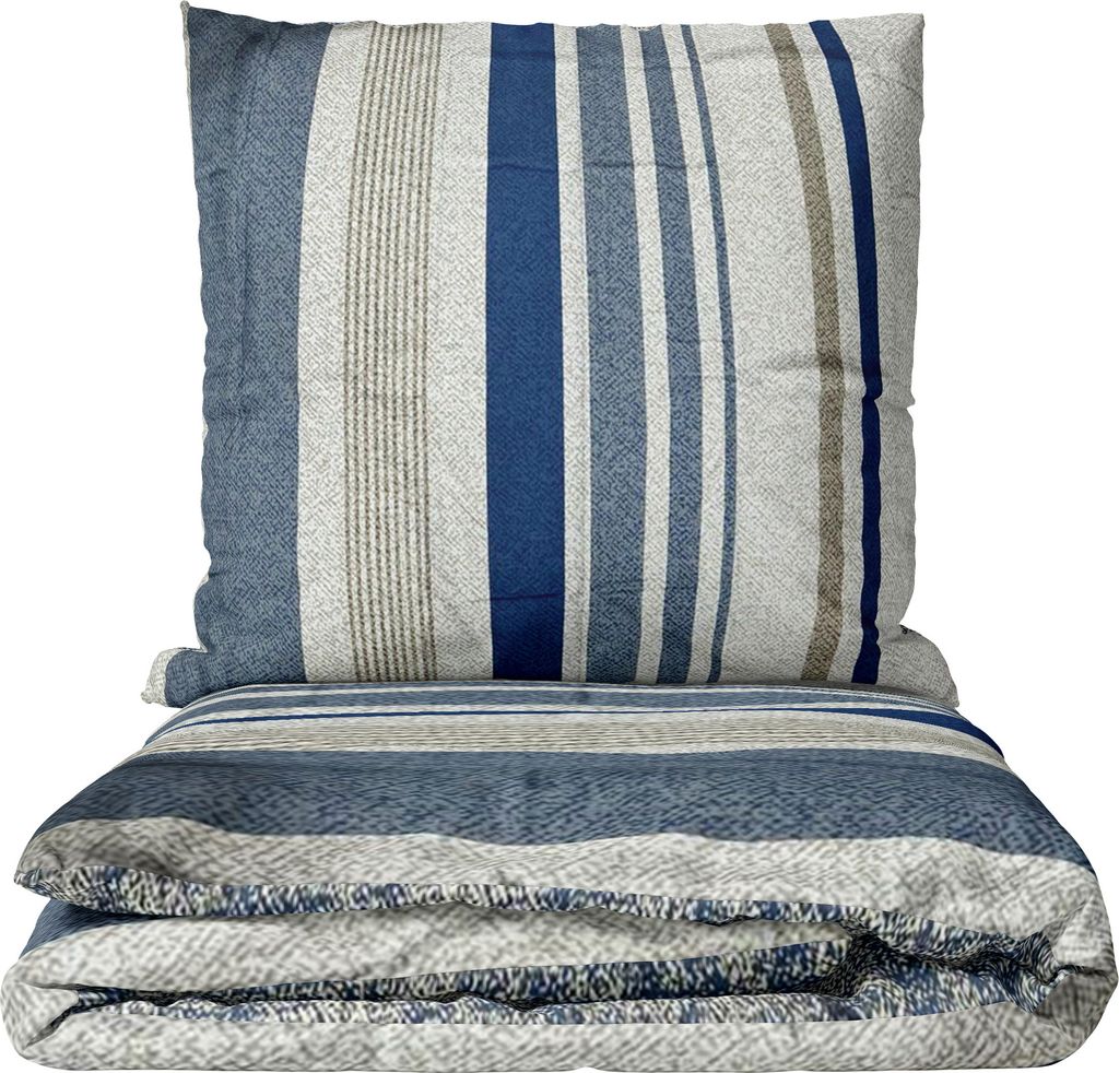Mikrofaser Bettwäsche-Set 135x200 cm 80x80 cm Blau Beige Grau Gestreift mit Reißverschluss