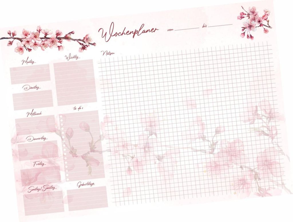 A3 Schreibtischunterlage Papier Kirschblüte – Wochenplaner & To-do-Liste | 50 Blatt