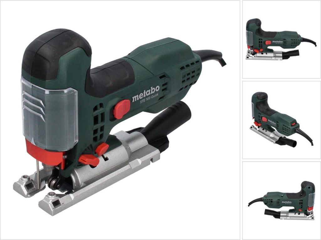 A Metabo STE 100 Quick Stichsäge jigsaw is shown against a white background. The jigsaw is green and black with silver and red accents. It is shown from a slightly elevated side angle.