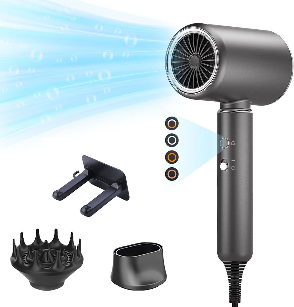 Haartrockner 2200W AC Motor, Negativ-Ionen Föhn, Professioneller Schnelltrocknen Anti Frizz, 4 Temp Gang, Haarfö mit Diffusor und Konzentratoren