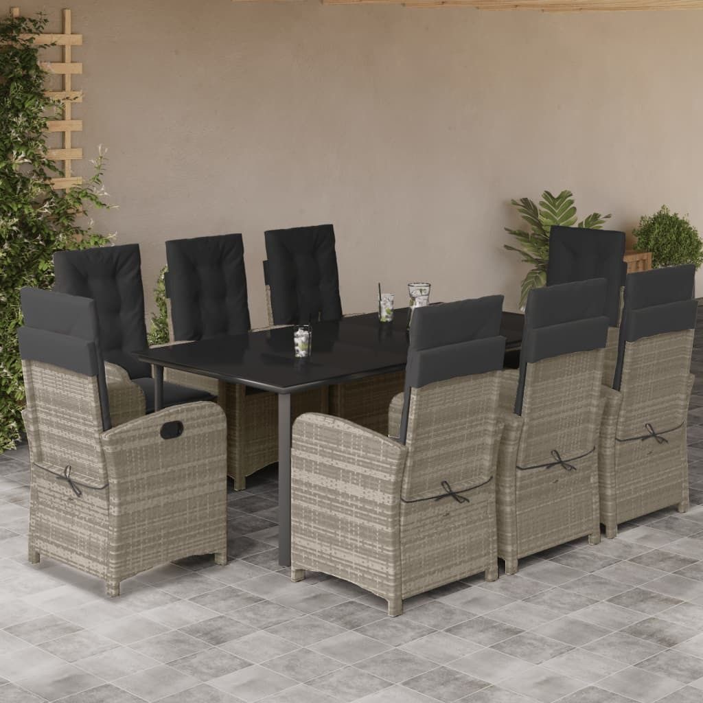 Design 9-tlg. Garten-Essgruppe mit Kissen Hellgrau Poly Rattan, Gartenmöbel-Sets 2024 Neu